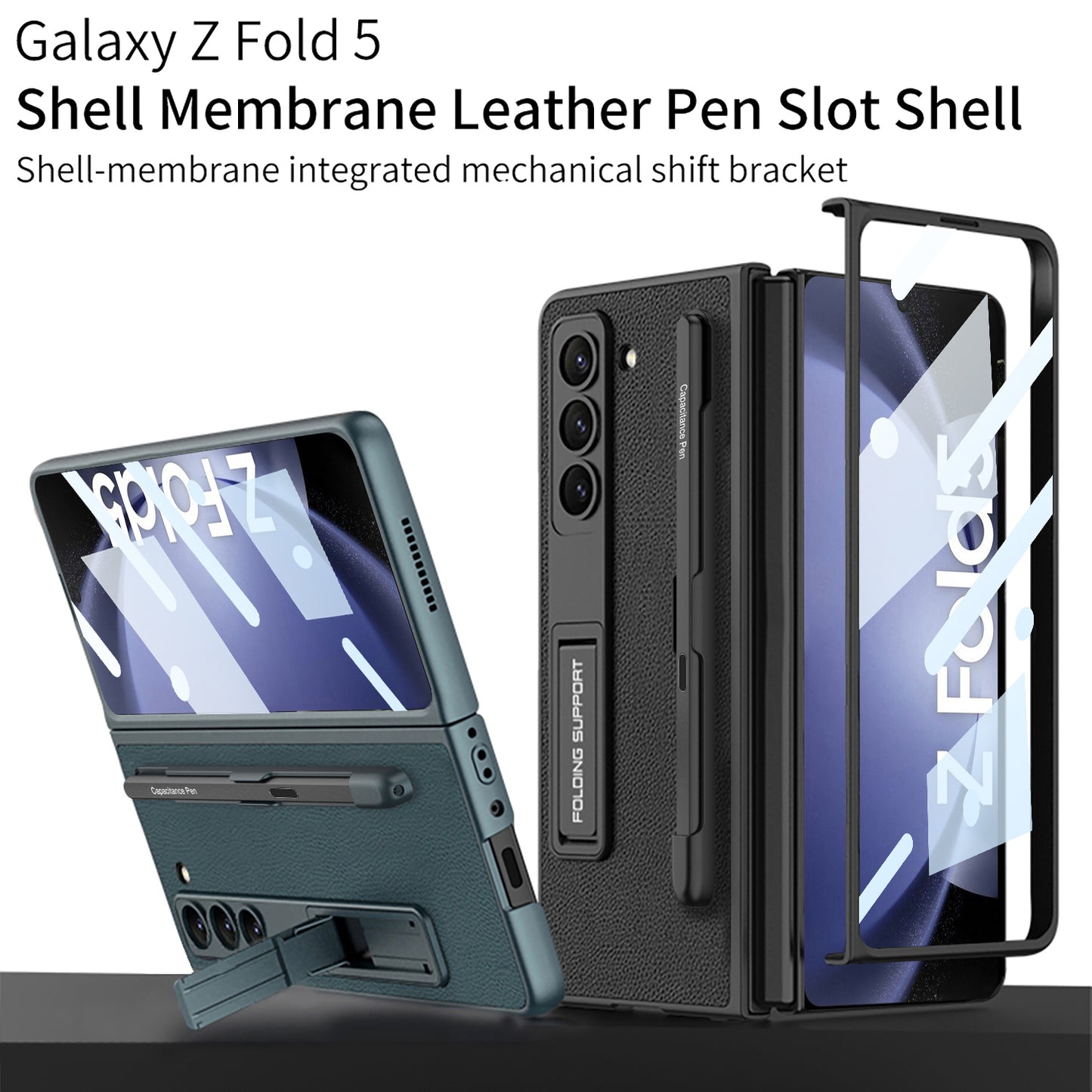 Galaxy Z Fold 5 – Leather Holder + Glass Cover & Case