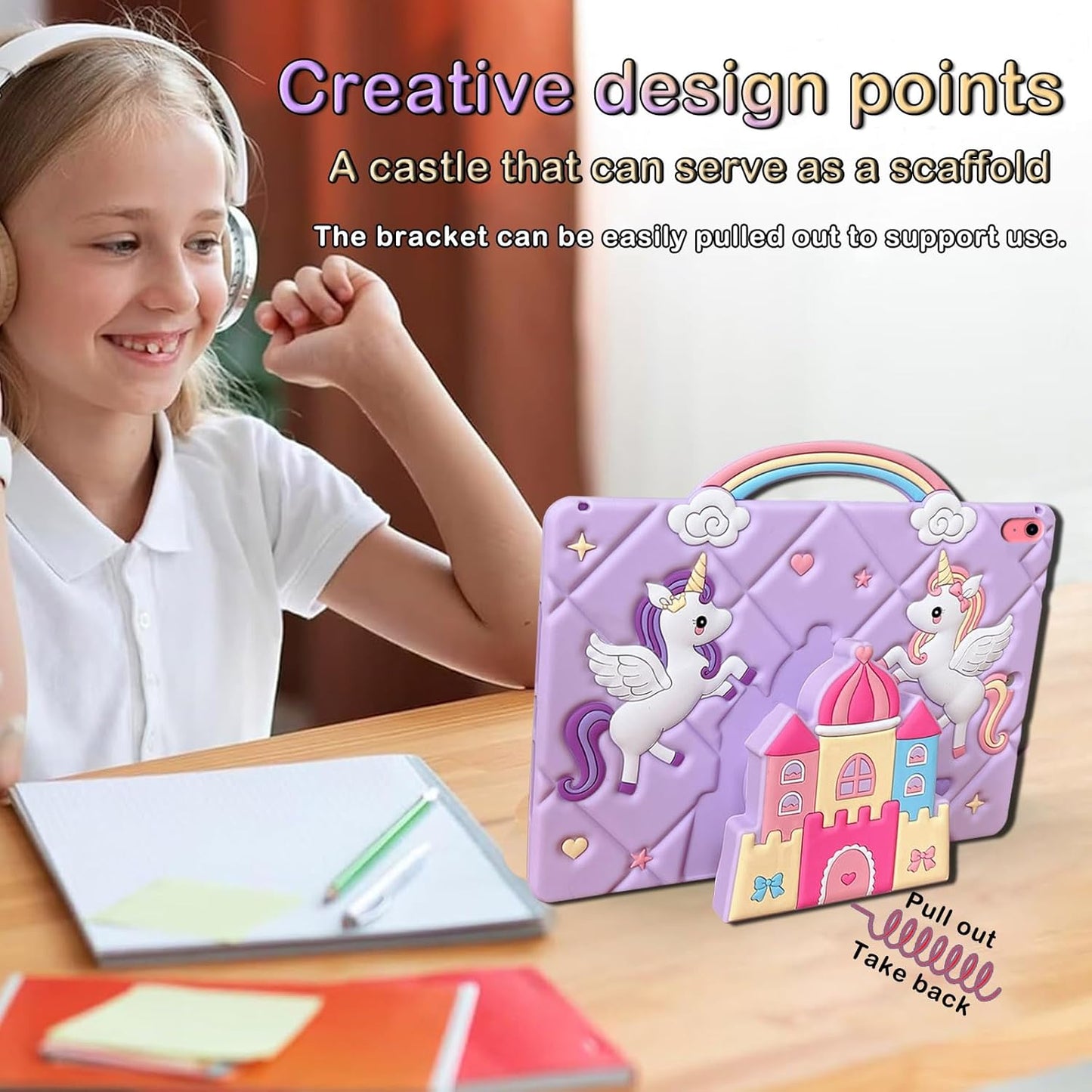 Purple Unicorn Castle Design with Rainbow Handle - iPad Case