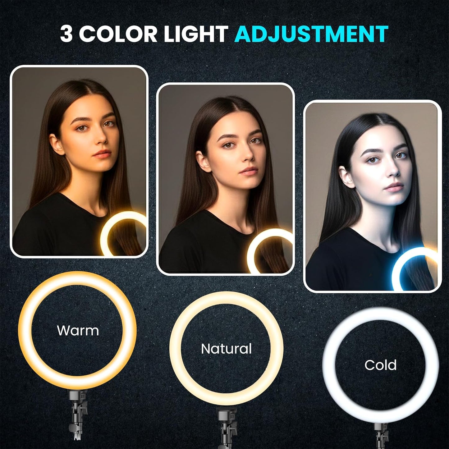12 inches Ring Light with Stand, 85 Inch Foldable Tripod, 3 Colour Mode