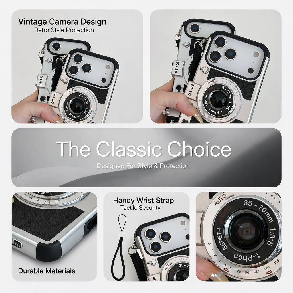 Retro Camera Phone Case - Vintage DS-100 Design with Integrated Strap Mount