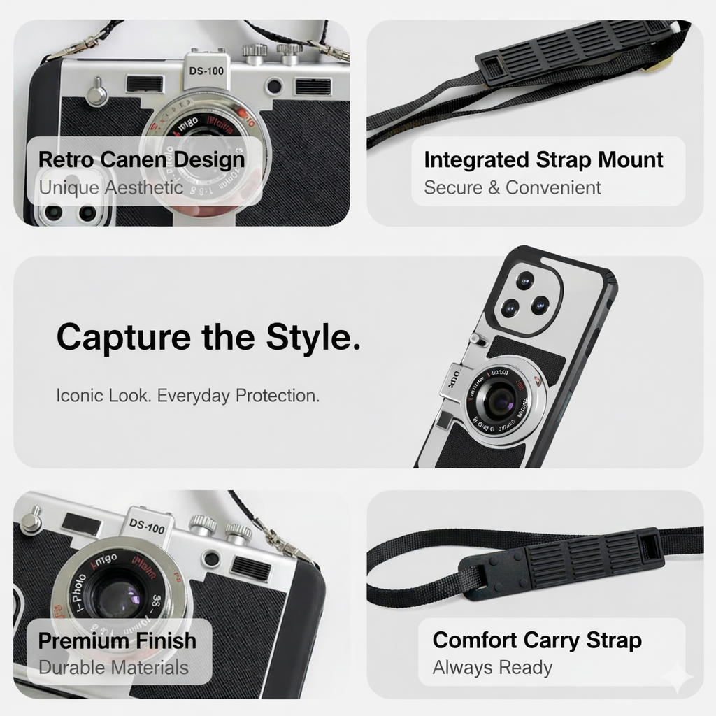 Retro Camera Phone Case - Vintage DS-100 Design with Integrated Strap Mount