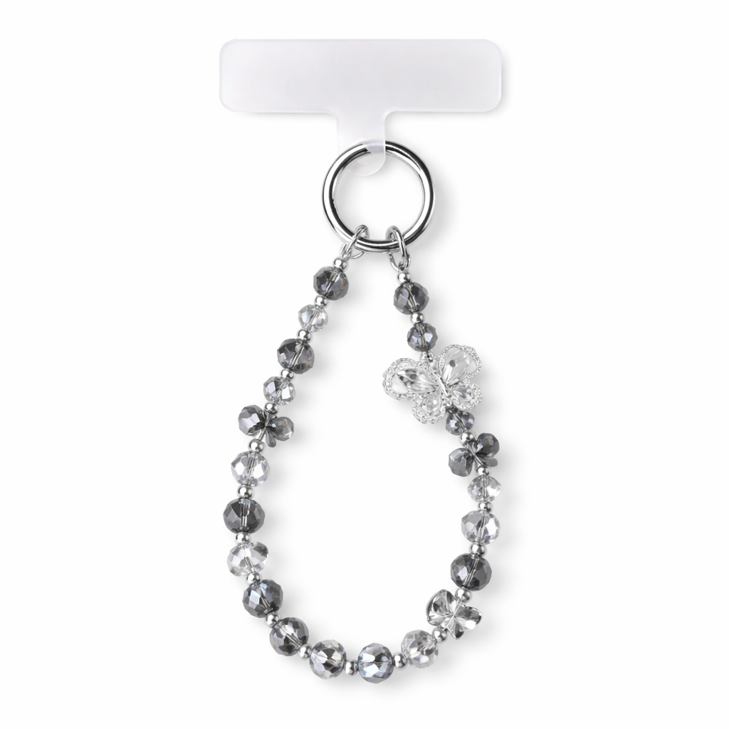 Elegant Pearl Charm Keychain with Black Butterfly - Phone Charm