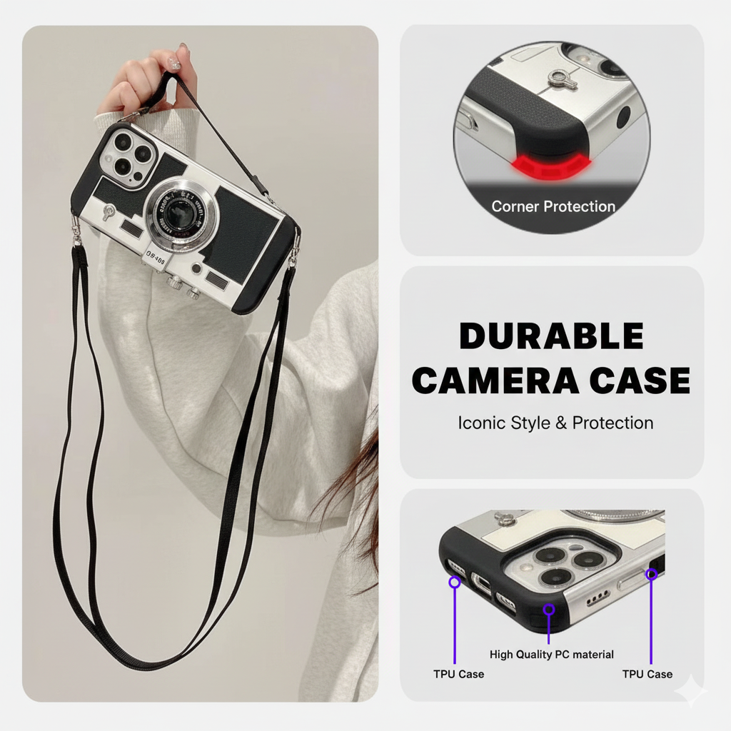 Retro Camera Phone Case - Vintage DS-100 Design with Integrated Strap Mount