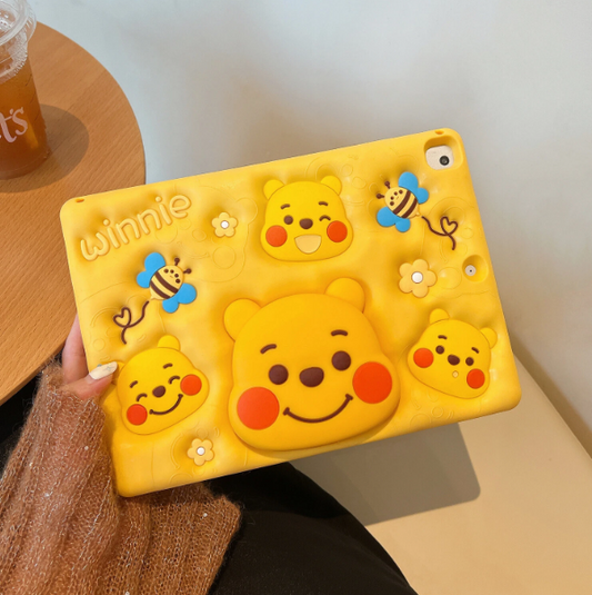Cute Winnie Bear iPad Case - Yellow Silicone with 3D Characters, Bees and Flowers Design