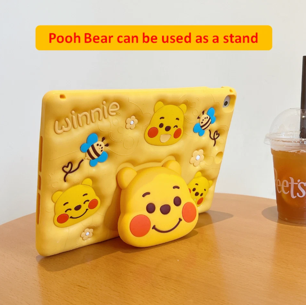 Cute Winnie Bear iPad Case - Yellow Silicone with 3D Characters, Bees and Flowers Design