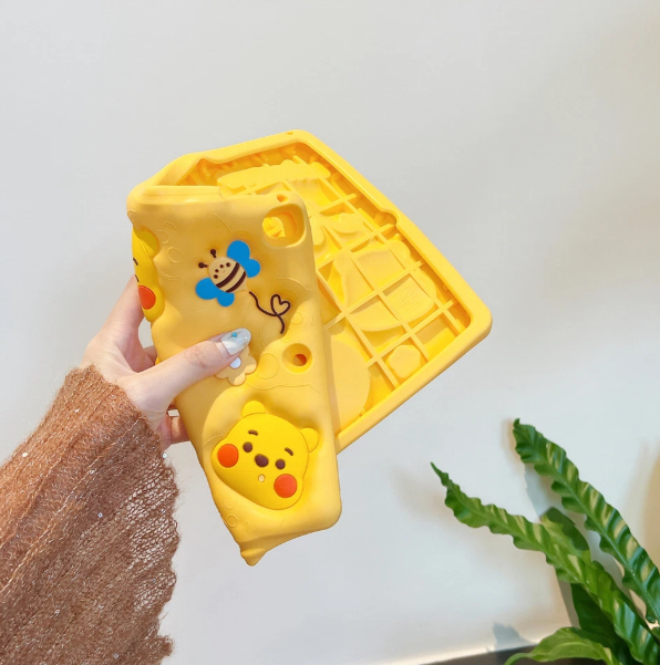 Cute Winnie Bear iPad Case - Yellow Silicone with 3D Characters, Bees and Flowers Design