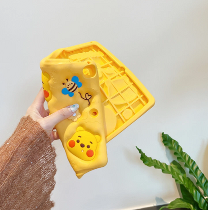 Cute Winnie Bear iPad Case - Yellow Silicone with 3D Characters, Bees and Flowers Design
