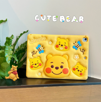 Cute Winnie Bear iPad Case - Yellow Silicone with 3D Characters, Bees and Flowers Design
