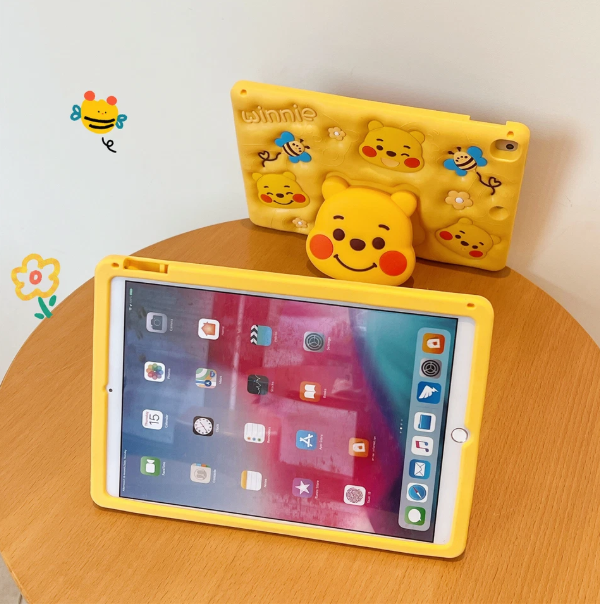 Cute Winnie Bear iPad Case - Yellow Silicone with 3D Characters, Bees and Flowers Design