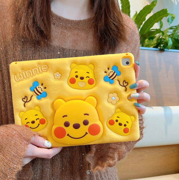 Cute Winnie Bear iPad Case - Yellow Silicone with 3D Characters, Bees and Flowers Design