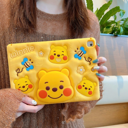 Cute Winnie Bear iPad Case - Yellow Silicone with 3D Characters, Bees and Flowers Design