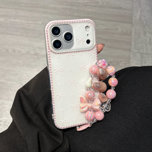 Bow Pattern Case with Beaded Charm, White Back with Pink Border and Decorative Bow Design