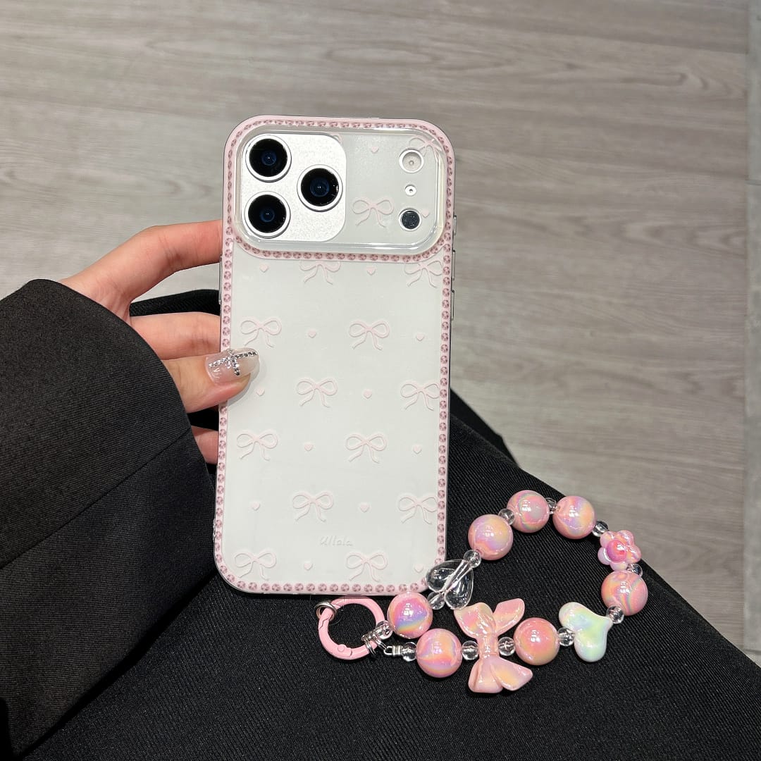 Bow Pattern Case with Beaded Charm, White Back with Pink Border and Decorative Bow Design