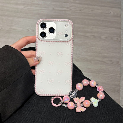 Bow Pattern Case with Beaded Charm, White Back with Pink Border and Decorative Bow Design