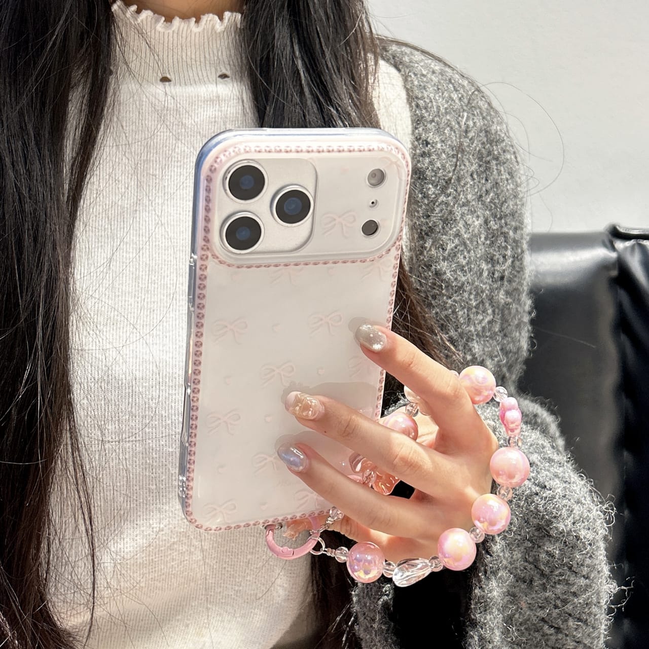 Bow Pattern Case with Beaded Charm, White Back with Pink Border and Decorative Bow Design