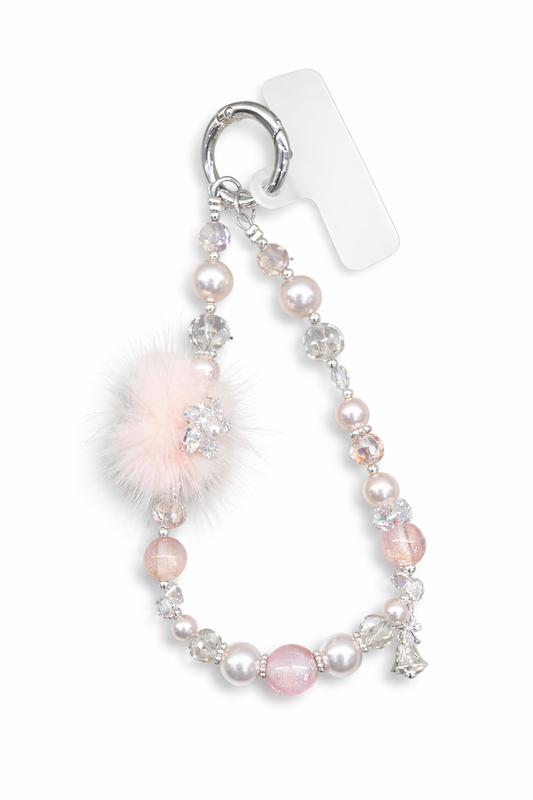 Blush Pearl Crystal Phone Charm with Pom Pom