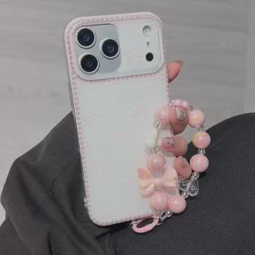 Bow Pattern Case with Beaded Charm, White Back with Pink Border and Decorative Bow Design